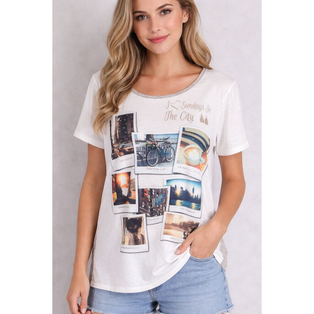 NEW Style & Co Split Back Tee Top Medium Beige Tan Sunday in the City